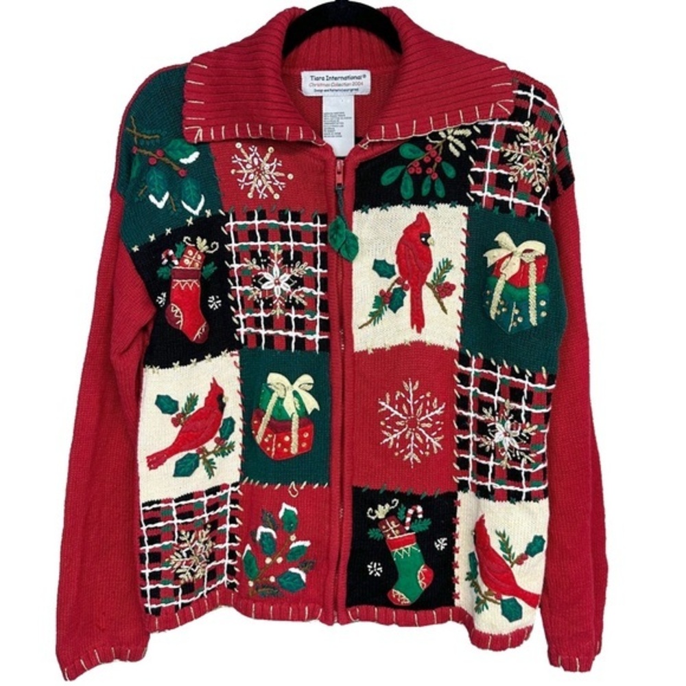 VTG Christmas Cardinal Sweater M Festive Holiday Zip Retro Patchwork Cottagecore
